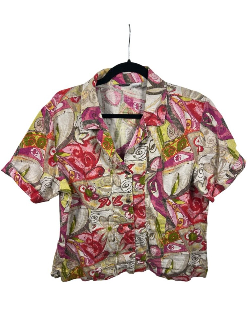 Chicos Top Womens Linen Button Down Shirt Medium Casual Summer Beach Artsy